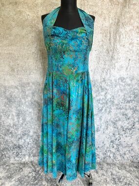 Pyramid Collection Turquoise Batik Smocked Halter Dress - M